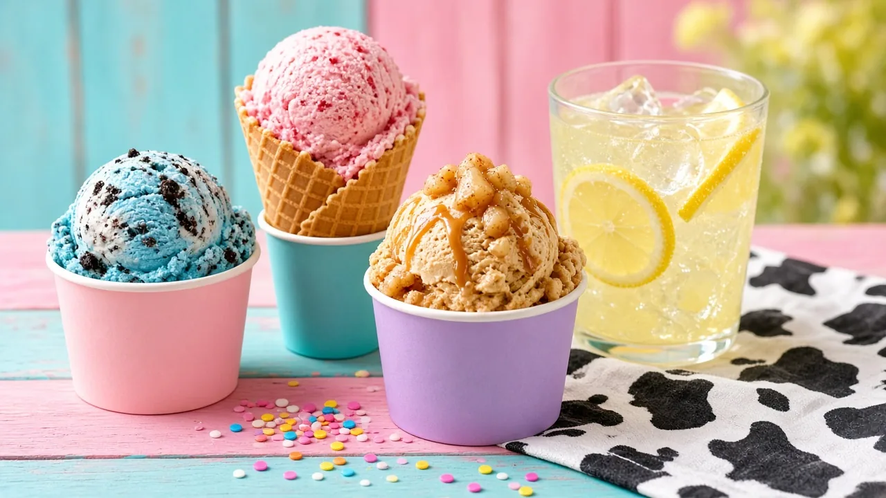 Three scoops of ice cream in pastel paper cups and a waffle cone, with sprinkles and a glass of lemonade on a pastel wooden counter